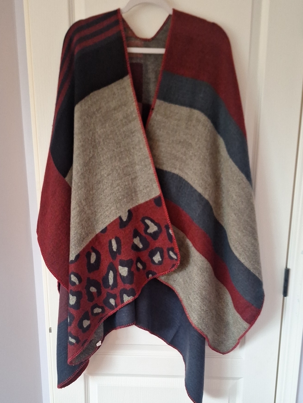 Womens Wrap Poncho in Burgundy, Navy & Gray